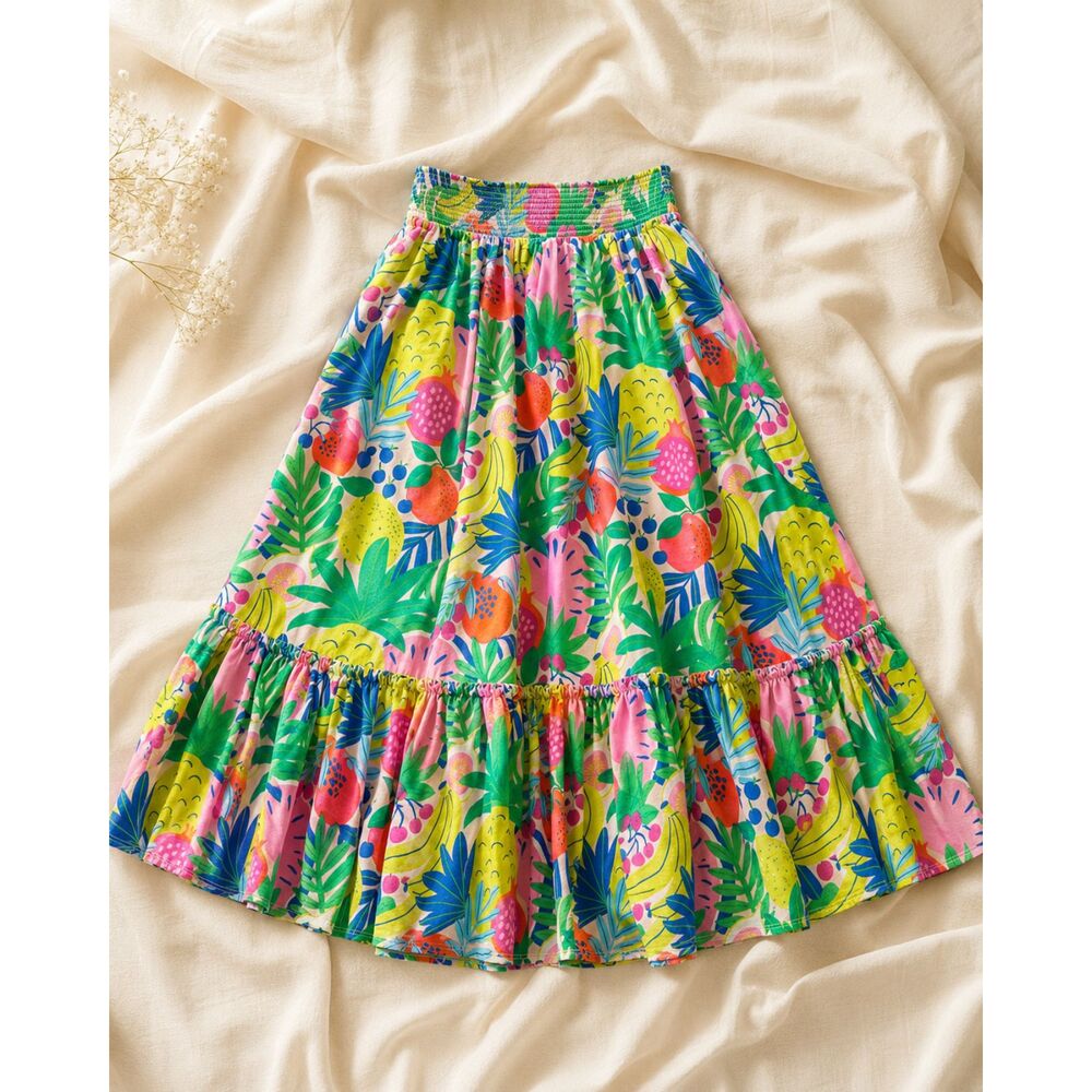 Mini Boden Girls 10-11Y Tropical Fruit Print Tiered Skirt Smocked Waist Cotton